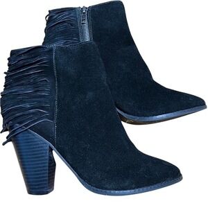 70 Post Paris Black Suede Fringe Ankle Boots Pointed Toe Block Heel Size 8.5